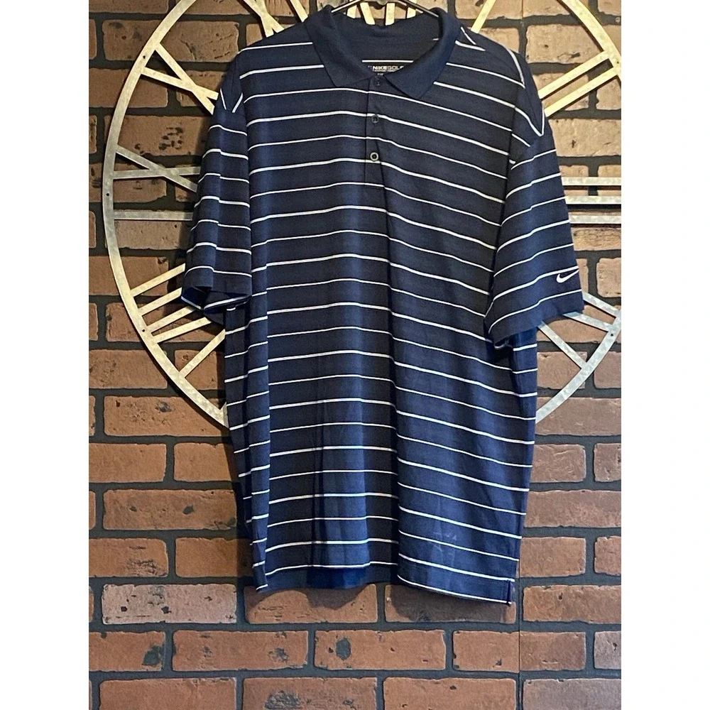 Men's Nike Golf Dri-Fit Polo Shirt Navy Blue/White Striped Size XL